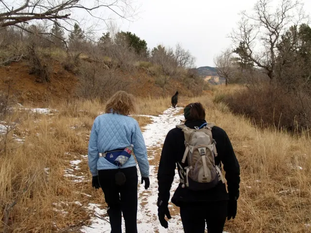 Góry z psem – dwoje ludzi z psem na górskim szlaku w Manitou Springs